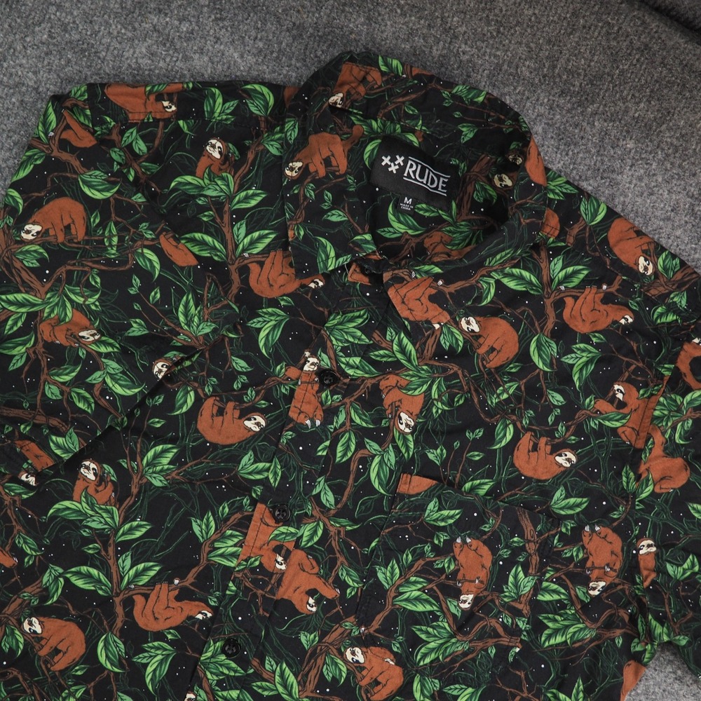 Rude Shirt Mens Med Short Sleeve Black Sloth Animal Print Novelty Button Up